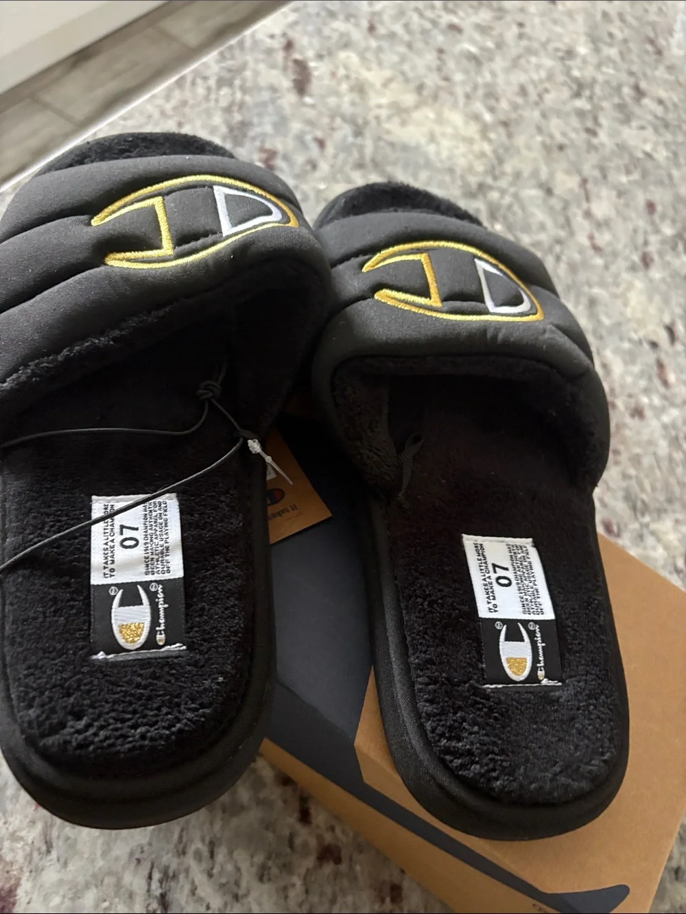 Champion Black Plush Slide Sandals with Gold & White Logo
